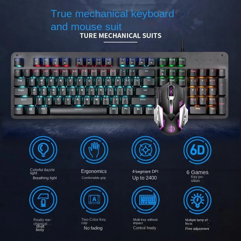 Hot selling OEM104 key wired high DPI RGB green axis keyboard and mouse set
