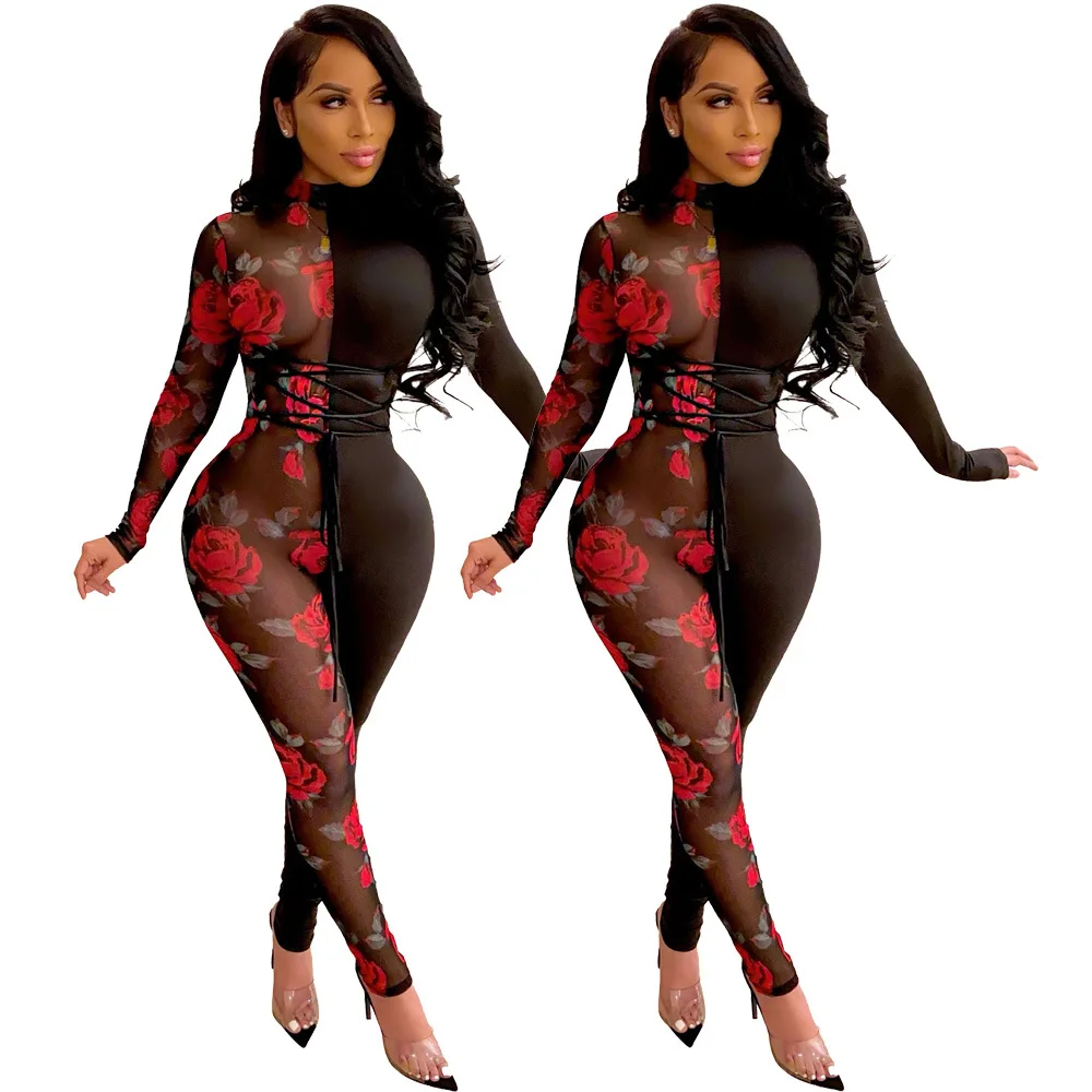 MD-2023 new21010532   Women Sexy Romper Jumpsuit Long Sleeves Ladies Bodycon Patchwork Flower Printed Bodysuits Jumpsuit For Women