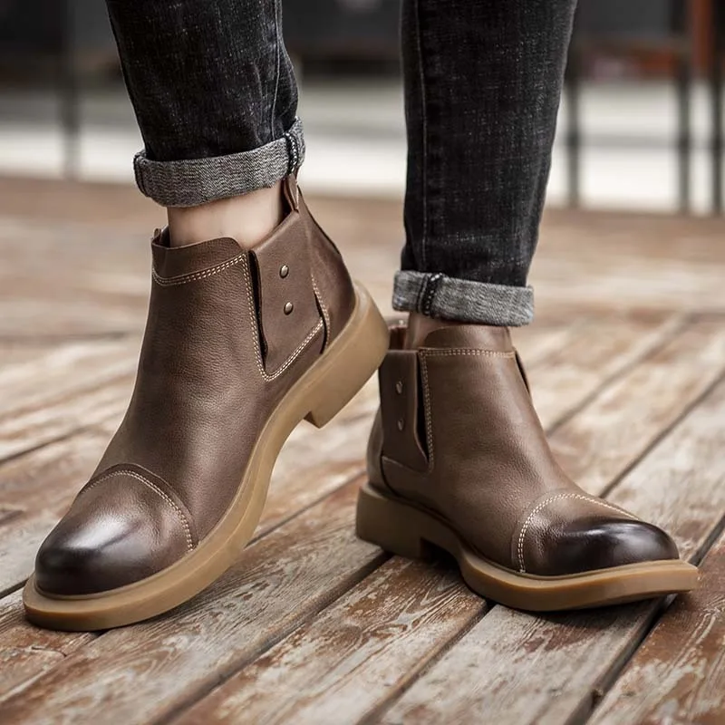 Top quality cowhide winter British short leather boots retro ankle boots slip on casual chelsea boots for men