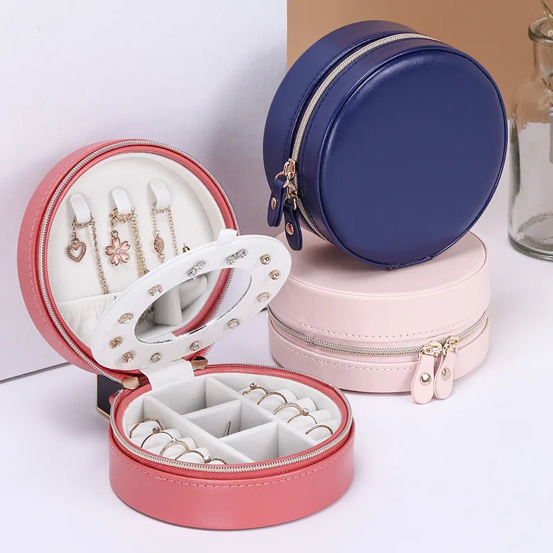 Top Quality Leather Made Portable Jewelry Box Double Layer Mini Jewelry Box Travel Earring Ring Organizer Round Jewelry Box