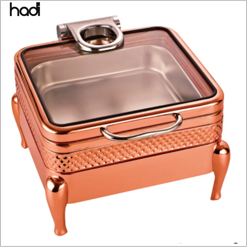 Factory Supply Stainless Steel Italian Shaving Dishes Rose Gold Fuel Heating Good Price Food Warmer Square Hydraulic Glass Cover