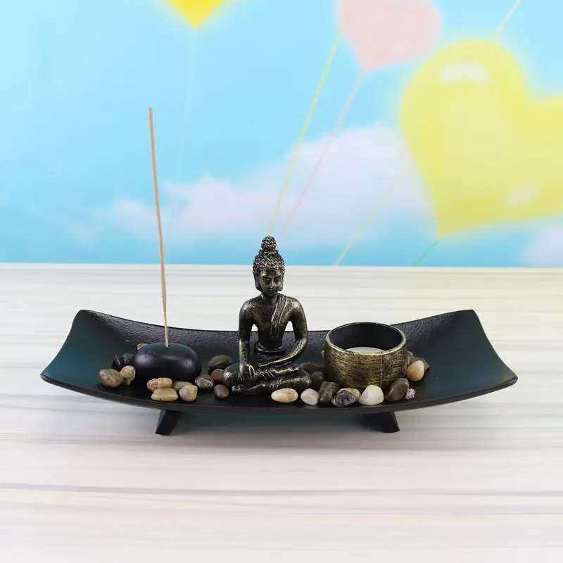 Personalized Handmade resin Black Incense Resin Buddha Statue Candle Holder Zen Garden For Desk