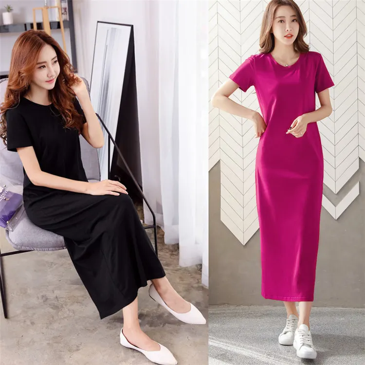 Factory  OEM Korean Summer Cotton Long T-Shirts Dress Casual Blank Soft Shirt Sleeve Baggy Split Maxi T Shirt Dresses For Women