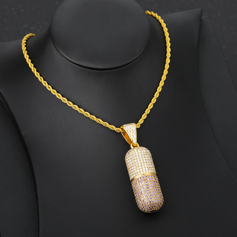 DUYIZHAO Hip Hop Pendant with 3mm Stainless Steel Rope Chain  Gold Plated Micro Pave CZ 3D Pill Capsule Removable Pendant
