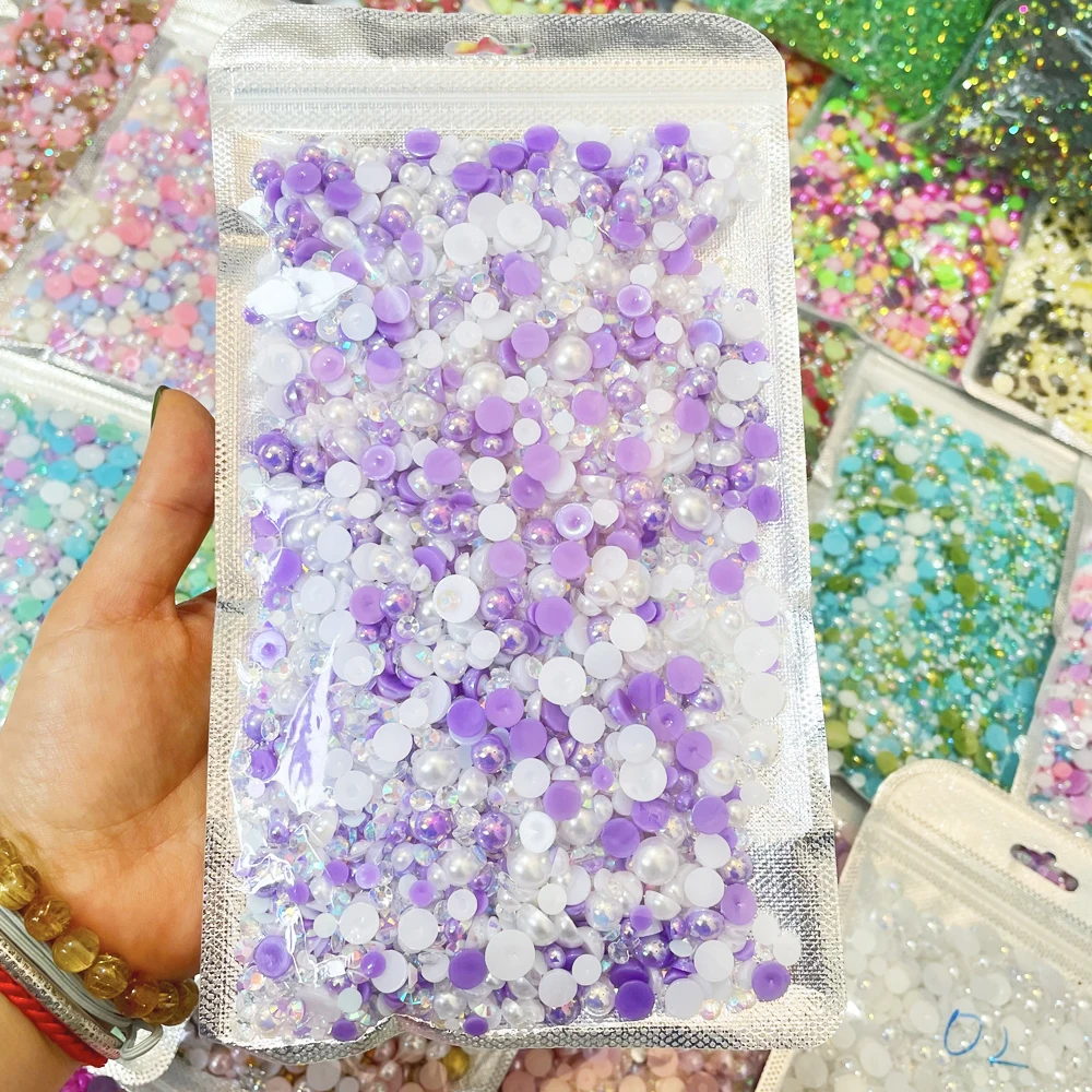 Customized 150g/4500pcs Mix Pearls Rhinestone Mix Sizes Color 3-10mm ABS Half Round Pearl Transparent Jelly AB Resin Rhinestone