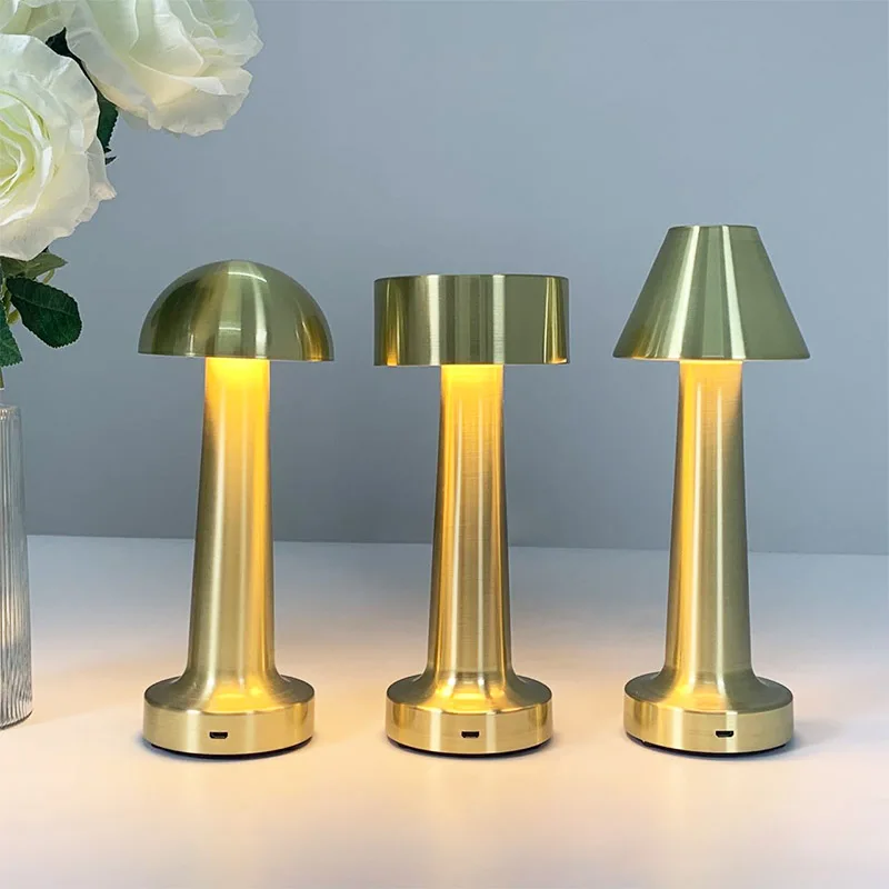 Nordic Vintage Mini Table Lamp Gold Bar Mushroom Metal Design Cordless Rechargeable Dumbbell Portable Mini Touch Table Light