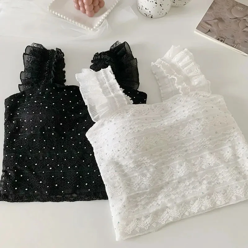 Crop Tanks Women Bright Diamond Y2k Summer Lovely Ruffles Tops Sexy Hot Girls Holiday All-match Korean Style Fashion Clothing