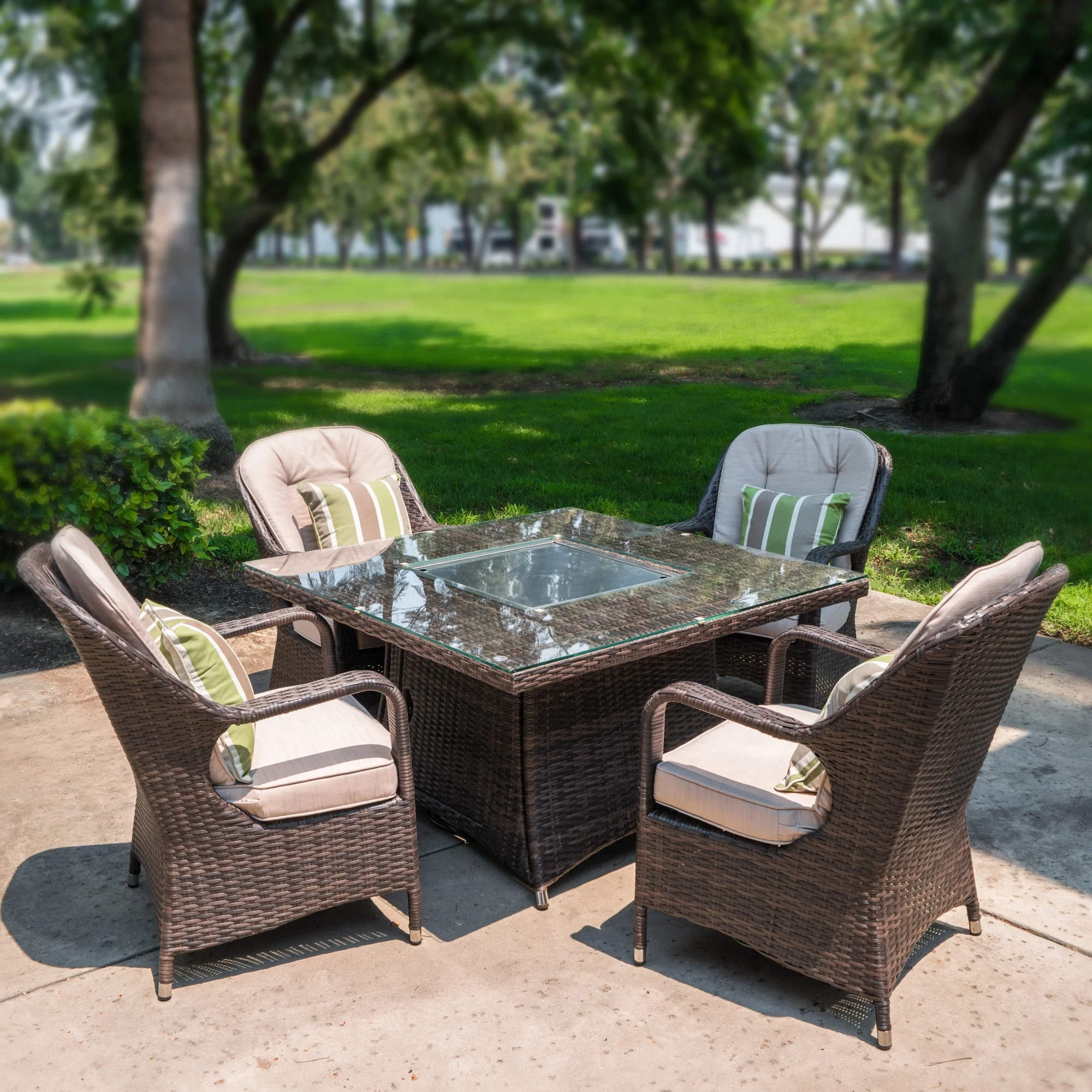 Five pieces outdoor rattan dinning sets with square fire gas pit table