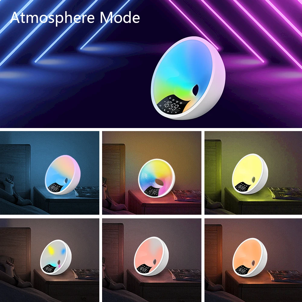 Smart APP Bluetooth Alarm Clock White Noise Machine Simulate Sunrise and Sunset Colorful Wake Up Light