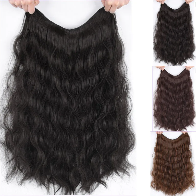 
16 Inch Long Black Brown V-Shaped Half Wig Clip In One piece Water Wave Hair Extensions Synthetic Natural Hairpiece 