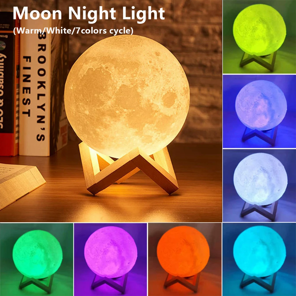 Romantic Atmosphere Decoration USB Rechargeable Touch Control Dimmable Warm White RGB 3D Moon LED Night Light Lamp For Home Gift