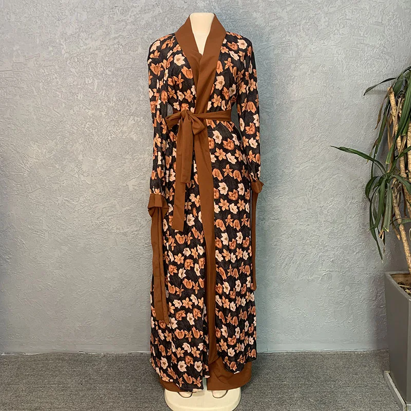 2022 Bohemian Women Casual Beach Style Floral Print Sexy Chiffon Cardigan And Knitted Long Wide Leg Pants Two Piece Set Outfits