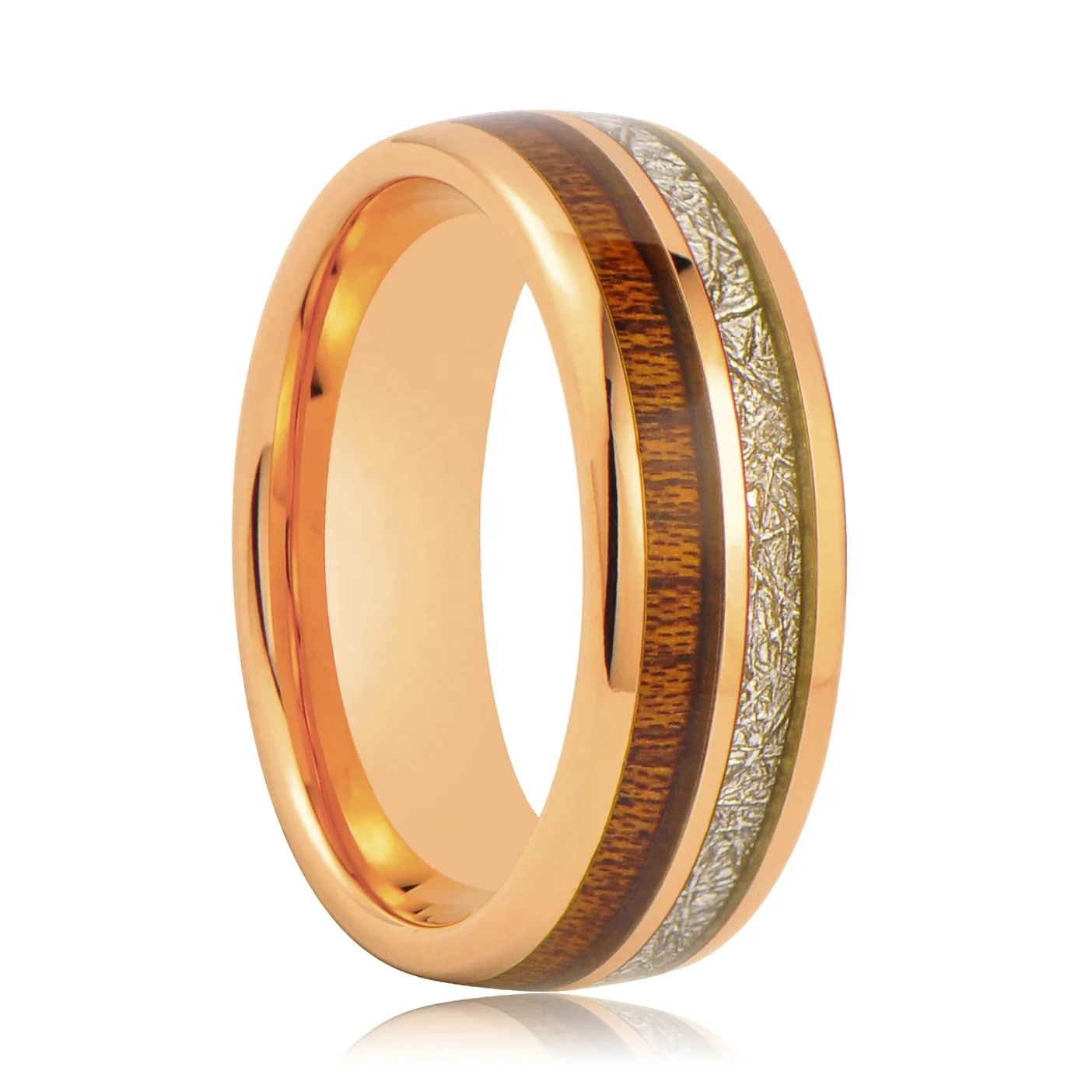 Couple Jewelry KOA Wood and Meteorite Tungsten Wedding Ring Rose Gold