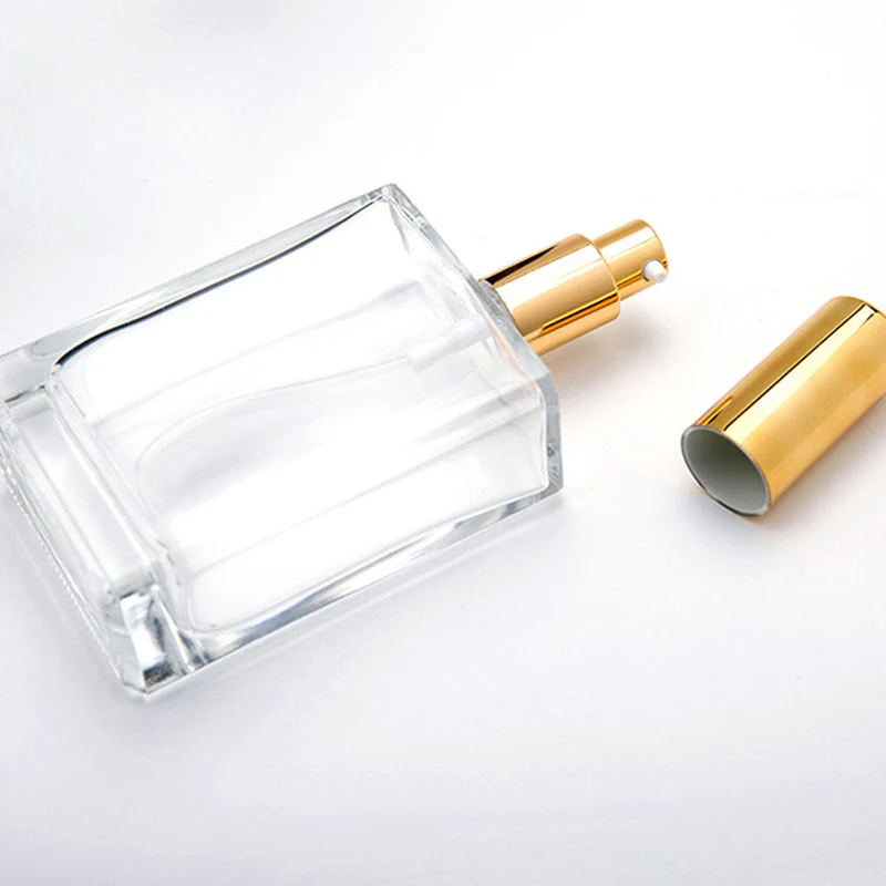 15ml 30 ml 30ml 50ml 100ml Refillable Square Clear Perfume Spray Glass Bottle with Gold Aluminum Sprayer Head and Cap