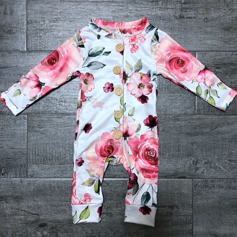 
long sleeve custom floral print pattern baby romper 