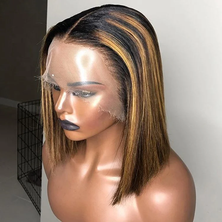 
Wholesale 130% Density 12inch Bob Ombre Brown Highlight 13*6 Lace Front Wig With Preplucked Virgin Human Hair 