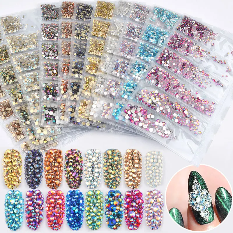 Popular 16 Colors Mixed SS4-SS16 Flatback Nail Rhinestones Crystal AB Colorful 3d Glass Stones DIY Manicure Nail Art Decorations