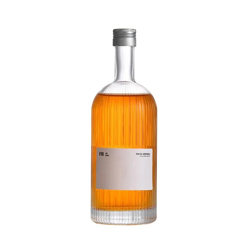 Clear 500ml round boston vertical stripes  glass wine bottle 16oz vodka bottle  with aluminum cap