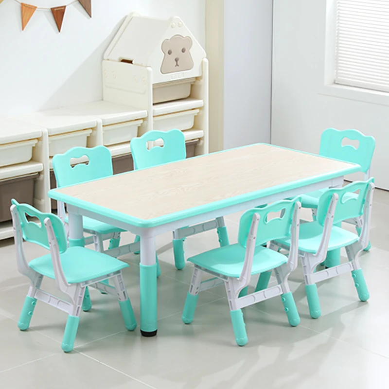 Set of Kids Study Table and 4 Chairs Height Adjustable Toddler Wood Furniture Easy Wipe Graffiti Durable and Stylish Desk