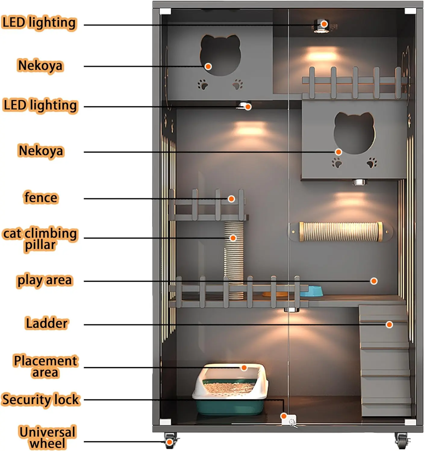 Fast Shipping Large Space Pet Cage Multi-Feature Enclosed Cat Condo Wooden Pet House Cat with Scratching Post Wheels