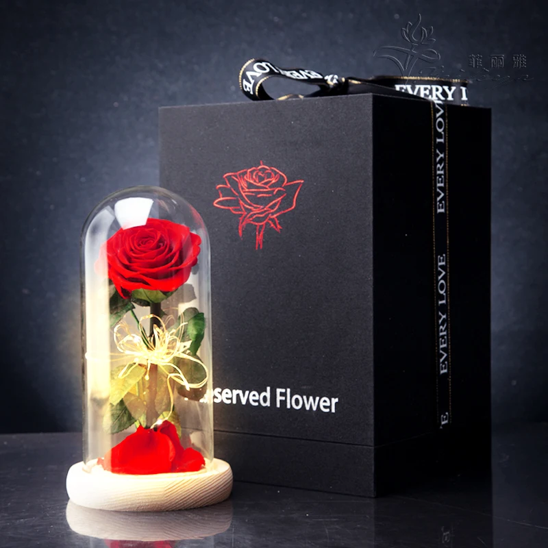 Amazon Hot Selling Competitive Price Preserved Rose in Glass Dome with Gift Box for Christmas Chinese New Year Box 2pcs 2021