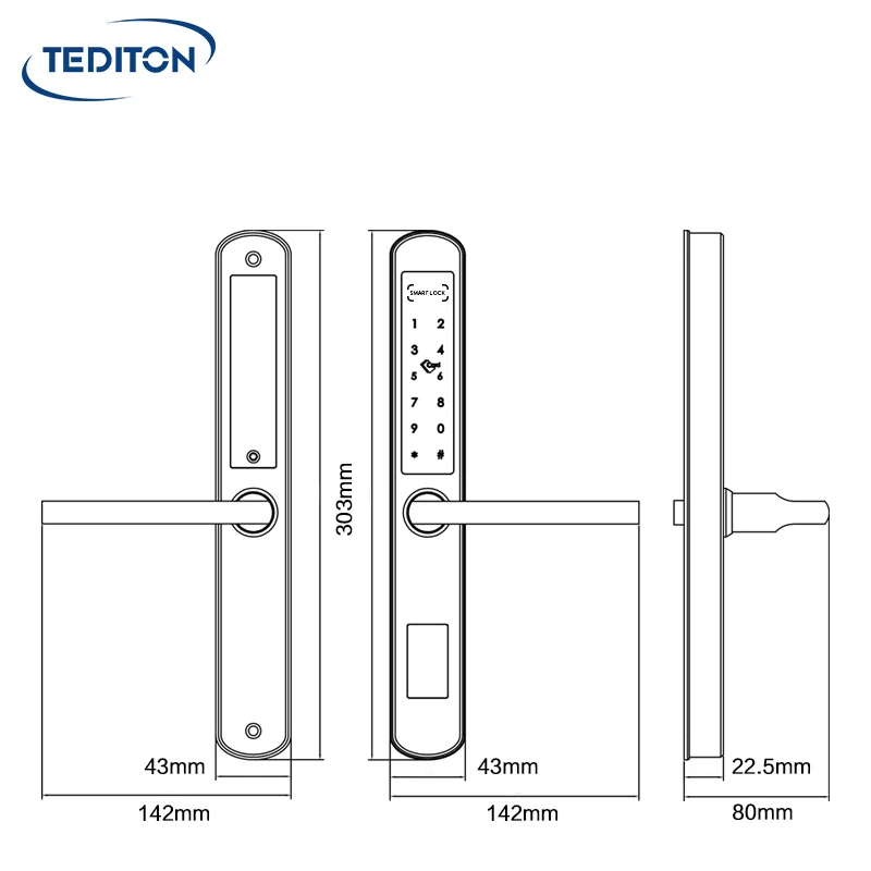 Tediton Waterproof Round Handle Tuya Smart Aluminum Fingerprint Sliding Glass Door Lock