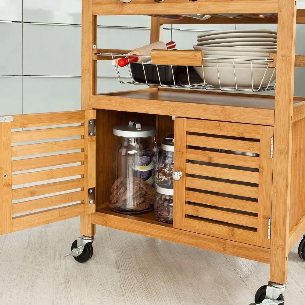 Modern Rustic Bamboo Kitchen Dining Cart Trolley with Sliding Drawer, Bottom Shelf and Metal Wire Baskets