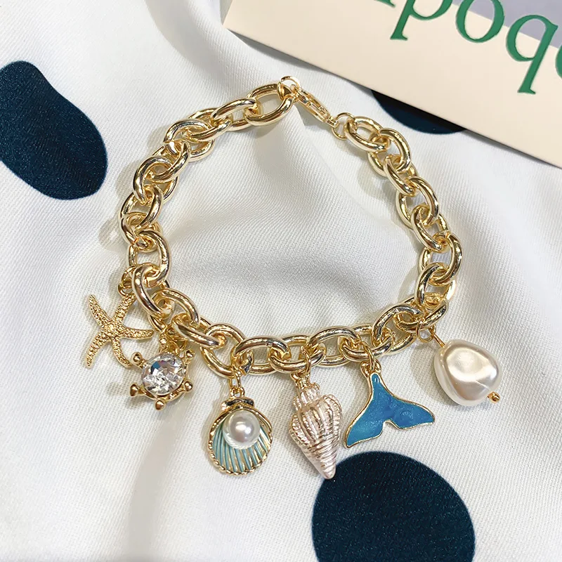 Ocean Style Elegant Bracelet With Faux Pearl Shell Mermaid Tail Drip Oil Charm For Women Summer Beach bracelet