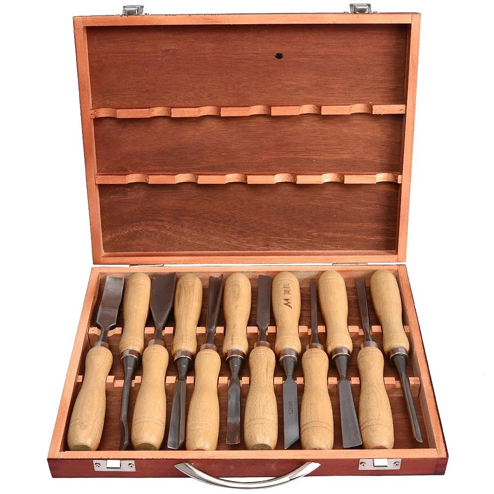 
12 Pieces Woodworking Chrome Vanadium Steel With Wooden Case Carving Knife Tools Chisel Set 