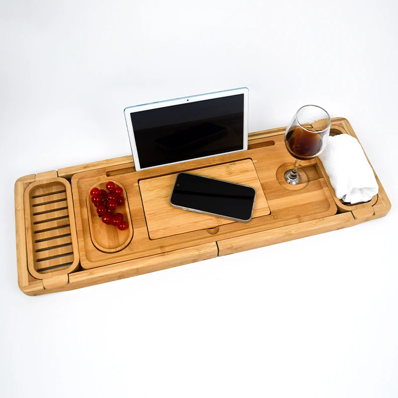 Hot Selling Customization WDF Bamboo Wood Folding Bamboo bath tray Caddy bathtub tray table bath tub caddy tray for shower