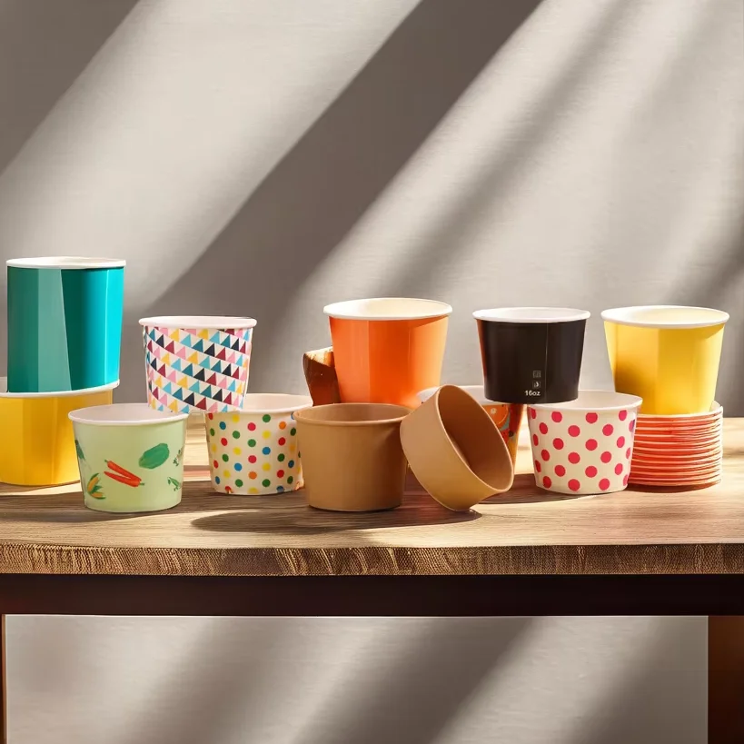 8 унций 120 куб. См оптовая продажа чашка для замороженного йогурта с принтом Одноразовая радужной бумаги двойная мороженого ложкой