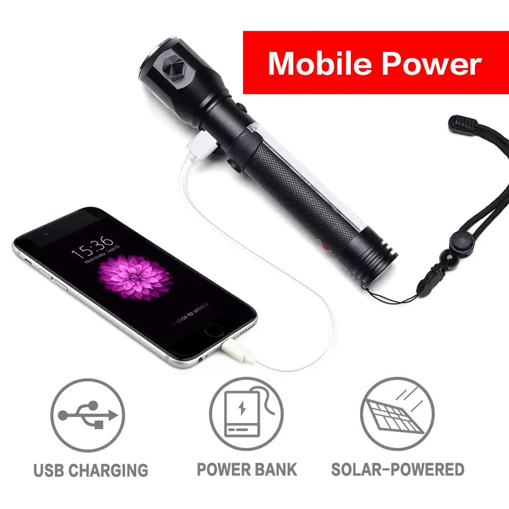 Powerful Solar Charging Multi-function Self-defense Led Torch Lampe Torche Emergency Hammer Tactical Flashlights