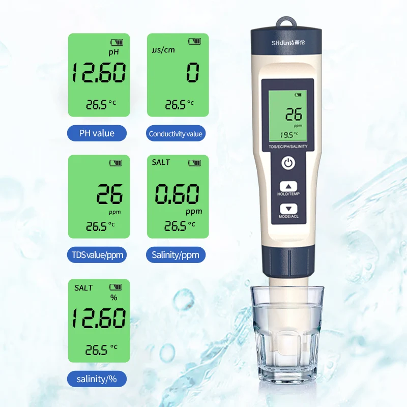 5 in 1 Portable Digital Tester Pen TDS EC PH Salinity Value Temp Drinking Water Household Hotel Battery Operated Made Plastic