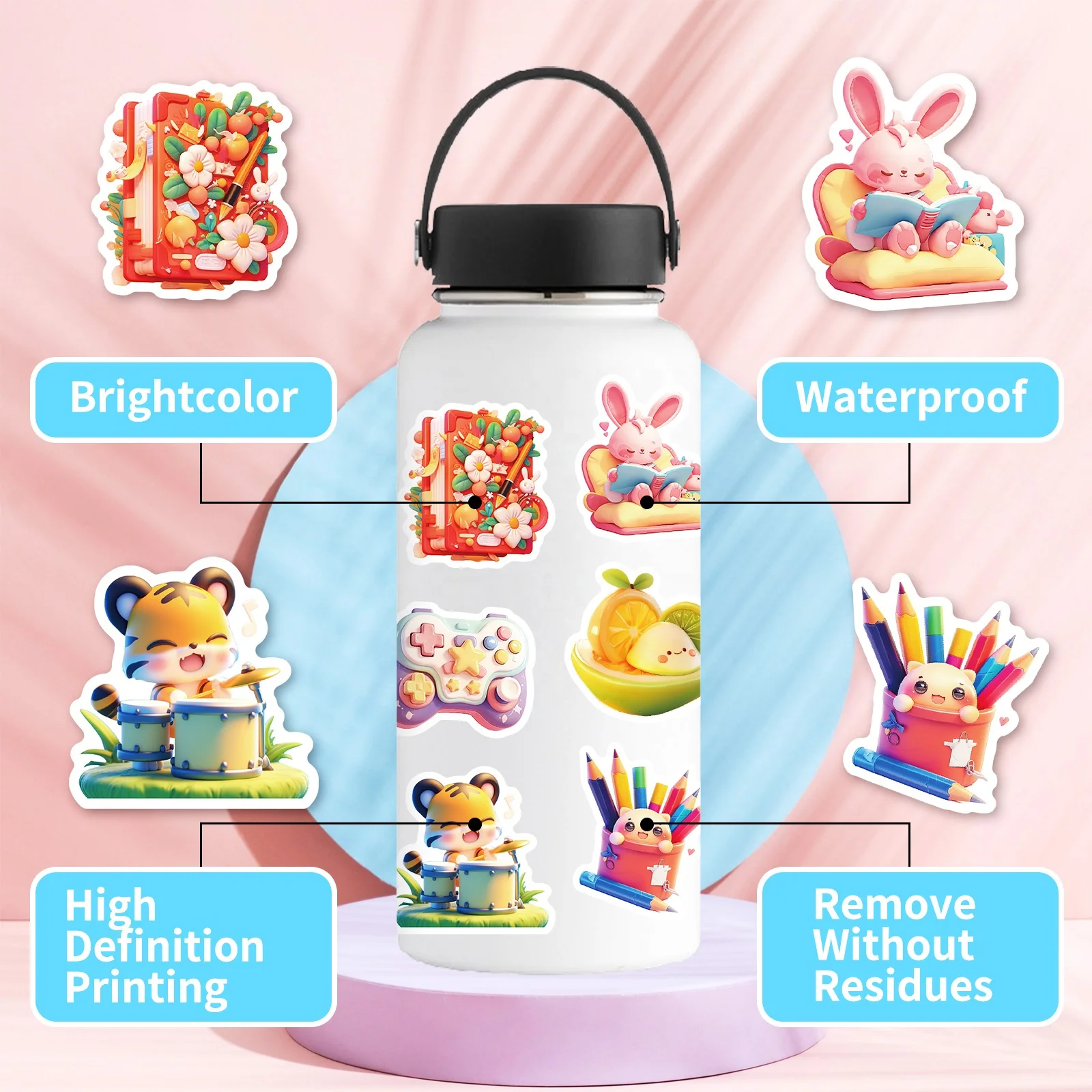 50pcs Cartoon Round 3D Animal Series Stickers Student Decoration Water Cup Computer Graffiti Stickers, T01042186