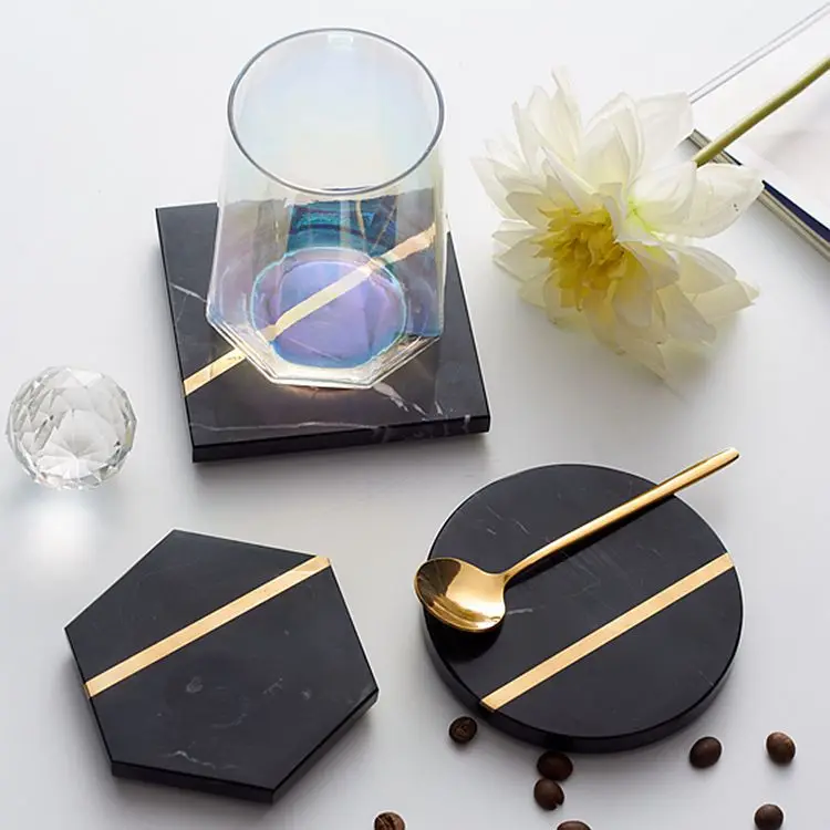 Marble Brass Insert china marble cocktail smart coaster Toy Brass Lining Beer Coasters For Sale Agate Slice With Gold Edge