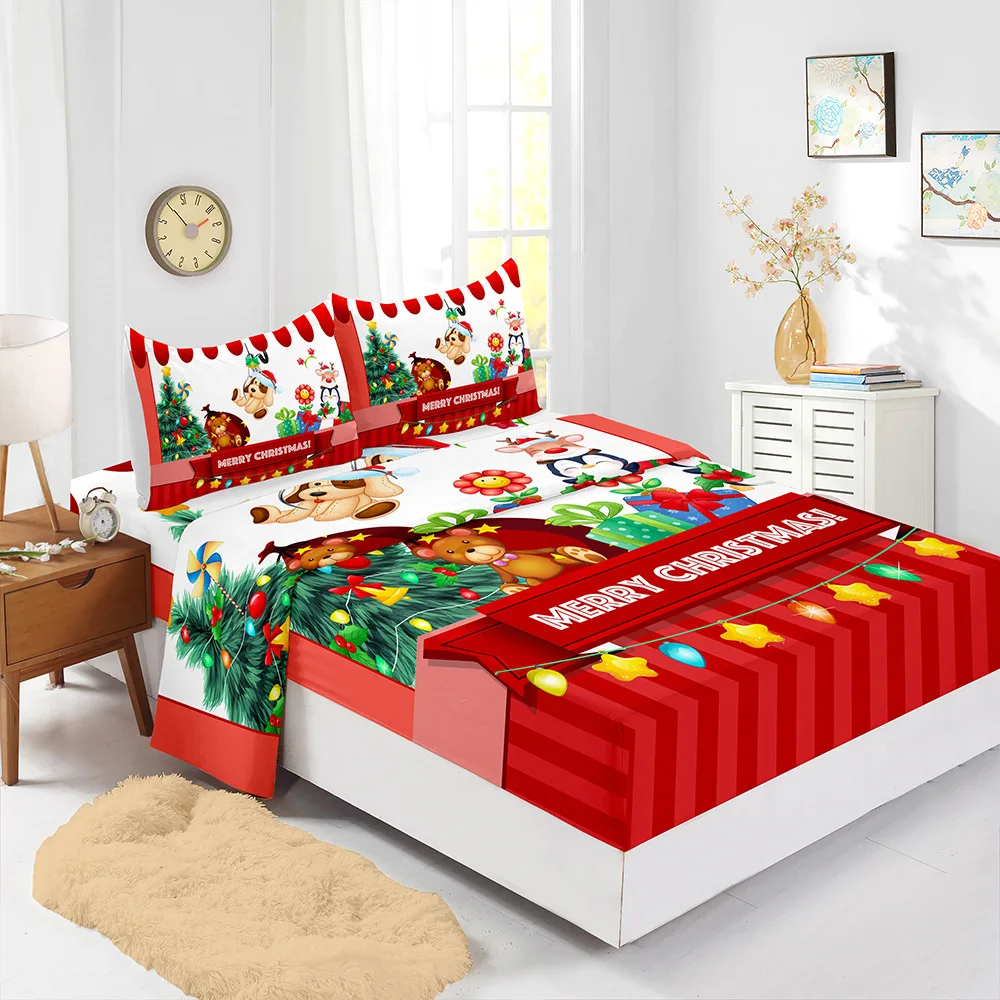 Wholesale Festival Christmas Tree Deer Santa Claus Party Fitted Sheet Set
