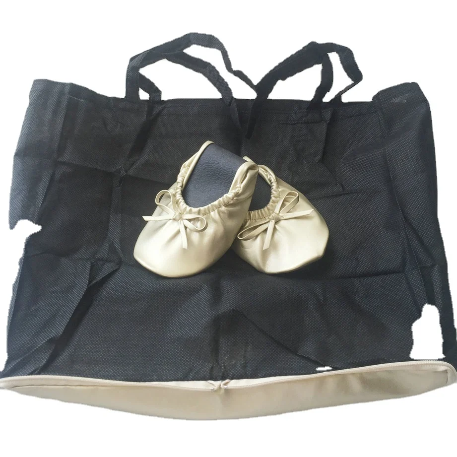 Women gold ballet flats roll up ballerina shoes for party dance ,promo gift and wedding with bag