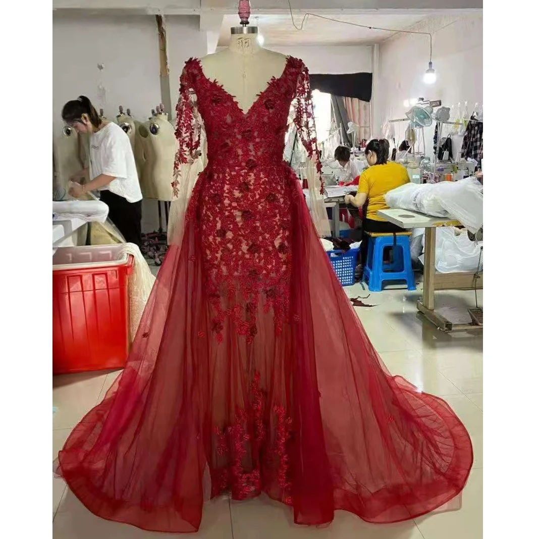 V Neck Long Sleeve Mermaid Red Applique Ladies Prom Party Dresses With Removable Skirt Evening Gowns