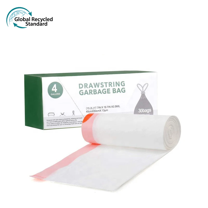 Drawstring Trash Bags Of Chinese Manufacturer 100% Biodegradable Reusable Bin Liner GRS Certified Recycled Plastic Garbage Bag
