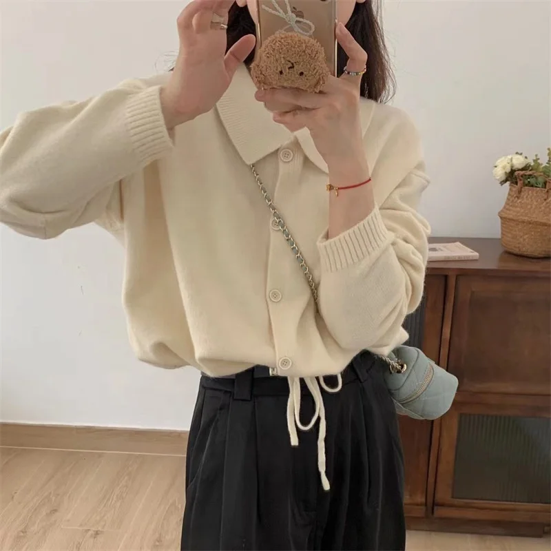 Spring casual simple basic polo neck  button cardigan crochet jacket woman drawstring frenum knitted sweater cardigan