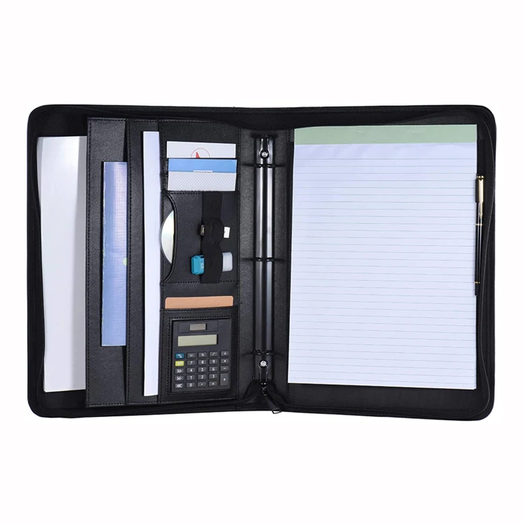 Custom A4 PU Leather Zipper Loose-leaf Loop Binder Portfolio with Calculator