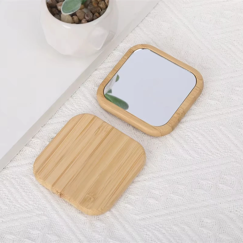 Custom Eco Friendly Small Round Square Bamboo Wood Pocket Mirror Travel Portable Wooden Makeup Mirror