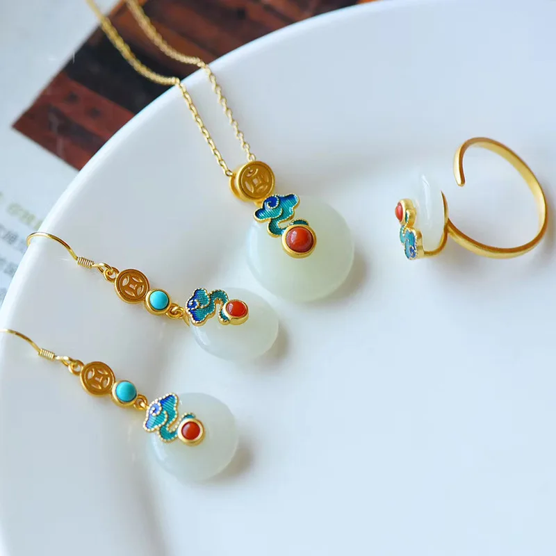 Retro 18k gold plated enamel cloud inlaid Hetian jade hoop earrings necklace ring jewelry set