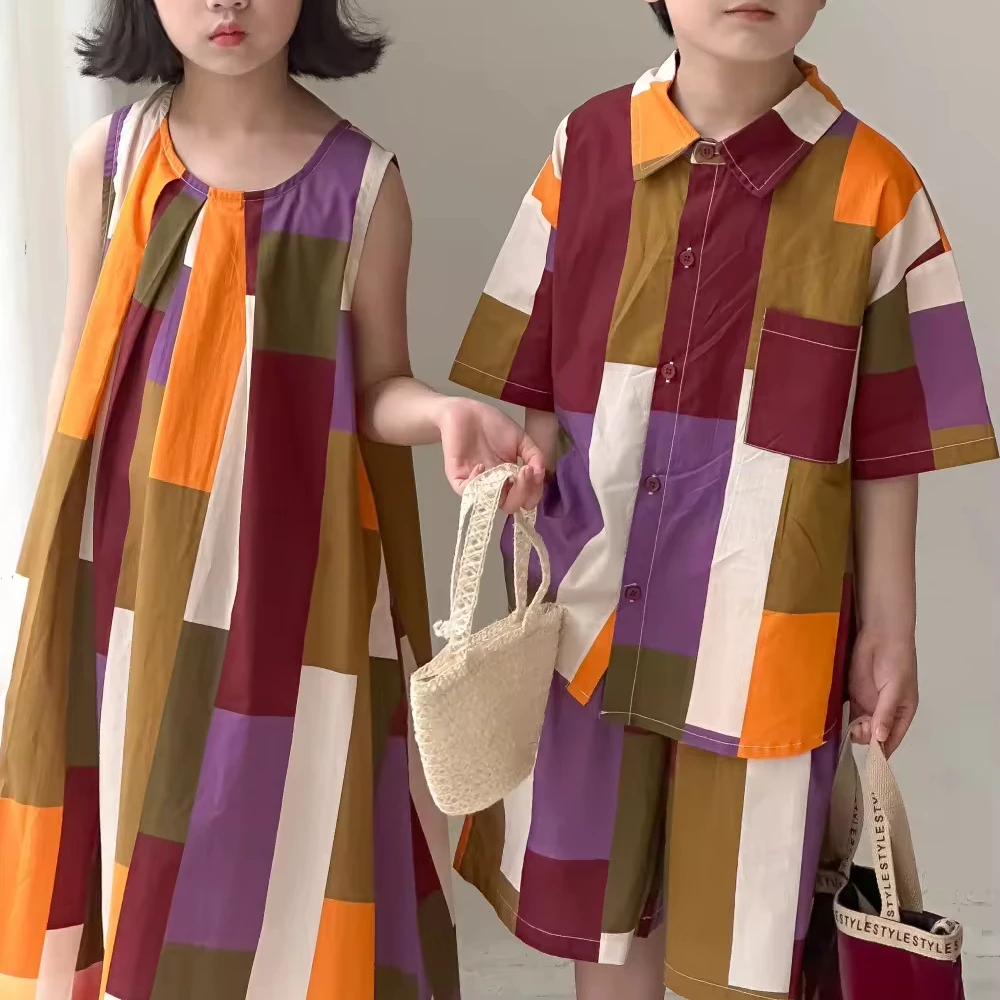 2024 Children Girl Summer Sleeveless Geometric Patchwork Print Dress Boys Fashion Short Set Brother Sister Clothing