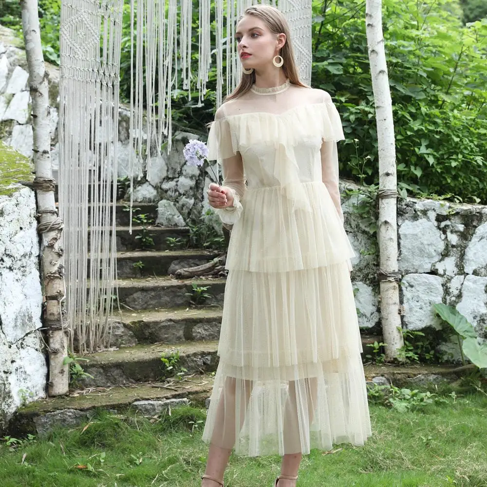 Princess Style Beige Mesh Patchwork Tiered Bridesmaid Dress Elegant Long Sleeve Prom Party Evening Dress For Women