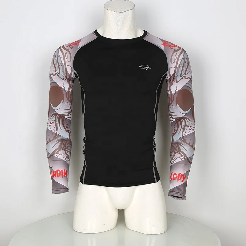Custom logo 3d printed shirt men mma long sleeve rash guard waist band with rubber