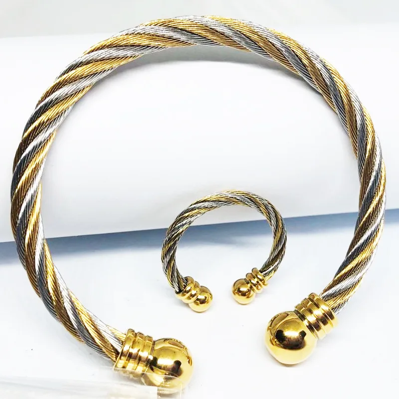 Stainless steel jewelry 2 tone twisted cable wire wrapped retro cuff bangle bracelet
