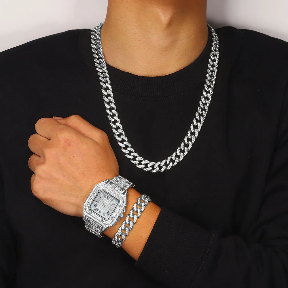 Men Hip hop Watch jewelry sets Iced Out watch for men Cuban Chain Necklace bracelet set Miami Cuban Chain Watches Christmas Gift