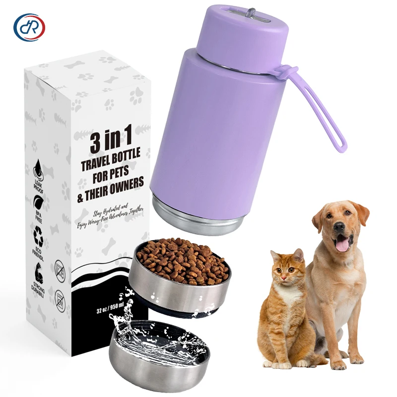 OKKPETS Portable Travel 32OZ Outdoor Dog Drinking Stainless Steel Hold Water Food Bottle And 3 In 1 Dog Water Bottle