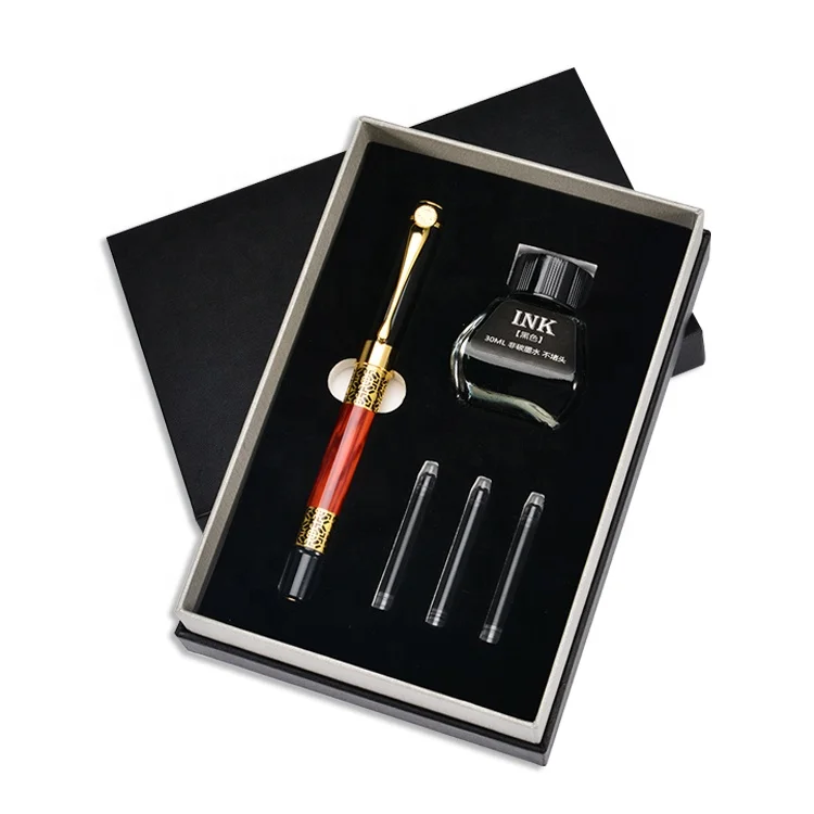 2022 Exclusive Fashion Luxury Fountain Pen Gift Set Custom Logo Packaging Box Ink Bottle Cartridges Free Pen Box Gift